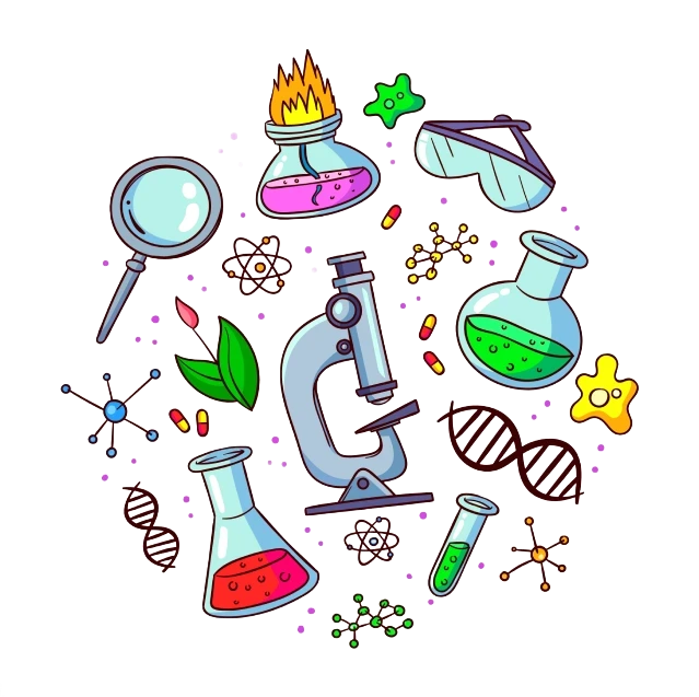 Colorful chemistry icons showing lab equipment, molecules, and reactions related to chlorine treatment.