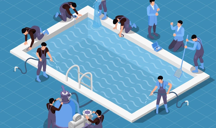 technicians performing swimming pool treatment using ozone technology for clean, chemical-free and contaminant-free water.
